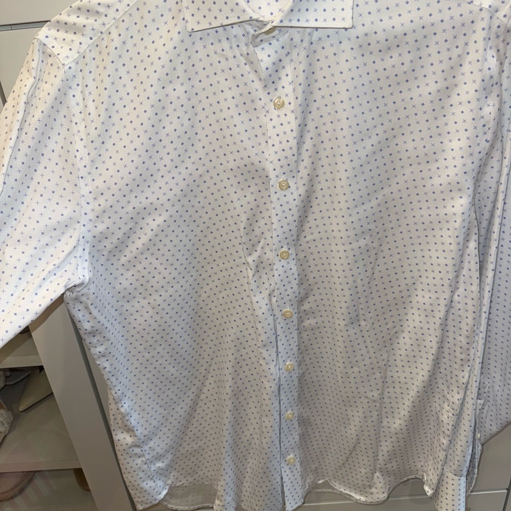 Men's White and Blue Patterned Button Down Shirt